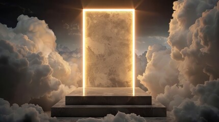 Poster - Glowing podium surrounded by clouds, illuminated by radiant light beam, creates mystical atmosphere