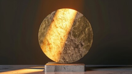 Poster - Stunning golden circular sculpture illuminated by spotlight, resting on marble podium, creating warm and elegant atmosphere