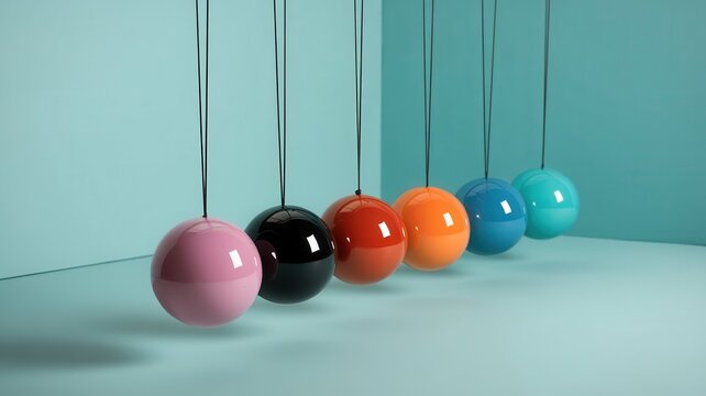 Hanging colorful spheres modern artistic composition in equilibrium concept