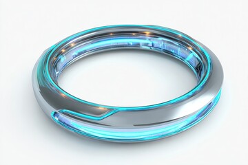 Aufkleber - Futuristic Silver Ring with Neon Blue Lights on White Background for Technology Concept