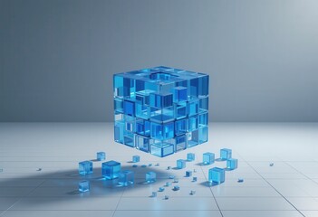 Leinwandbilder - Deconstructed blue cube with floating blocks conveying complex dynamics