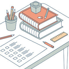 Poster - Isometric illustration of a desk with books pencils paper with checklist eraser and ruler representing education study and work