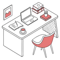 Poster - Modern isometric illustration of a home office desk with a laptop notebook coffee cup books and a chair
