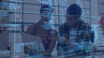 Poster - woman picking printout and pointing code overlay while male coder editing laptop for logic review