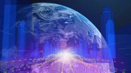 Poster - Globe rotating with pulsing bars triggered by horizon glow and currency icons visualizing markets