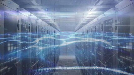 Poster - Blue lines materializing inside server racks corridor and rippling to visualize nonstop data flow