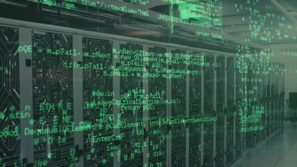 Poster - Green pseudocode starting along server cabinets flowing shifting fading visualizing data flow