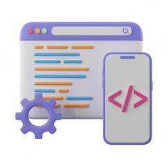 Fototapete - Browser & Gear: Stylized browser window, phone, code symbols, gear, web development process, software engineering, programming, UI, digital, minimal, modern.