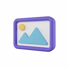 Poster - Stylized picture icon with mountains and sun inside a purple rounded frame, creative design element, image placeholder, scenic preview, gallery symbol, flat cartoon