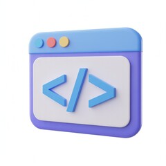 Aufkleber - Stylized coding window with blue brackets, purple frame, colored buttons, white background, development, programming, code editor, software, tech UI.