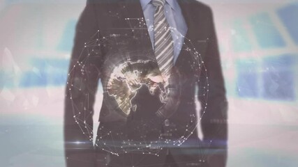 Poster - Business leader raising finger and initiating holographic globe with digital network for tech demo