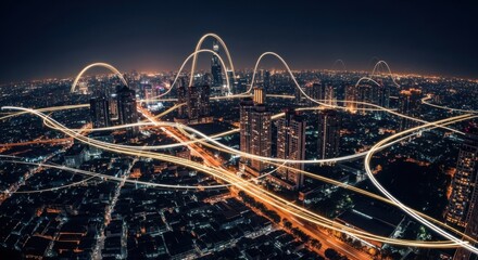 Poster - Abstract Background Futuristic Cityscape Lights Network Connections Moving Fast Through Urban Sprawl at Night