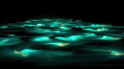 Poster - Abstract, turquoise, flowing forms against a black background.
