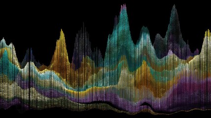 Poster - Abstract graphic design with layered, colorful, textured peaks and valleys.