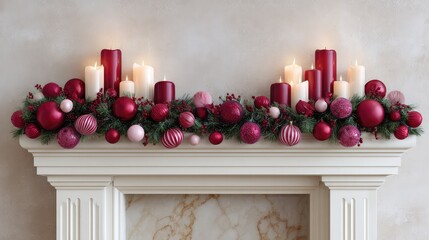 Poster - Festive holiday mantel decorated with garlands, candles, and ornaments, warm cozy feel with empty space for text