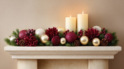 Poster - Festive holiday mantel decorated with garlands, candles, and ornaments, warm cozy feel with empty space for text