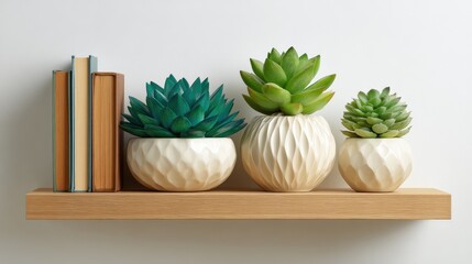 Fototapete - Minimalist shelf styled with books, ceramics, and succulents against white wall, neat and modern with empty background