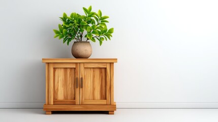 Poster - Minimalist wooden cabinet with clean lines placed against a white wall, modern home interior concept with empty copy space
