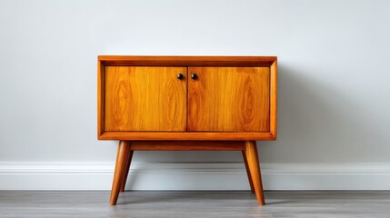 Poster - Minimalist wooden cabinet with clean lines placed against a white wall, modern home interior concept with empty copy space