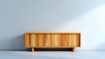Poster - Minimalist wooden cabinet with clean lines placed against a white wall, modern home interior concept with empty copy space