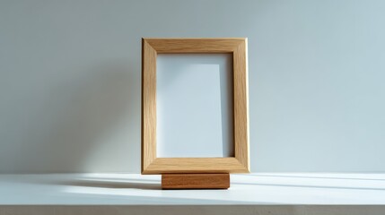 Poster - Minimalist wooden picture frame standing on a white shelf, soft natural light, clean background with ample copy space