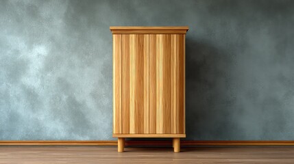 Fototapete - Natural oak cabinet with vertical wood grain design, standing in front of textured wall with ample copy space