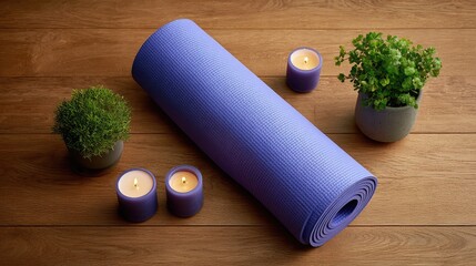 Poster - Neatly arranged yoga mat, candles, and indoor plants on a wooden floor, representing a wellness lifestyle with clean background