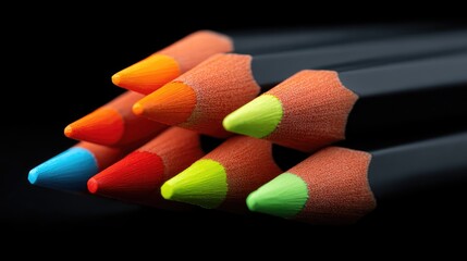 Fototapete - Neon colored pencil tips pointing toward the center on black surface, symbolizing focused creativity with central copy space