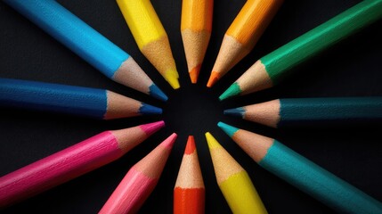 Fototapete - Neon colored pencil tips pointing toward the center on black surface, symbolizing focused creativity with central copy space