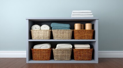 Poster - Open storage cabinet with baskets and organizers inside, home organization concept with copy space around