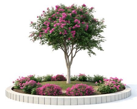 Isolated tree with pink flowers and green leaves surrounded by a circular flowerbed on a white background