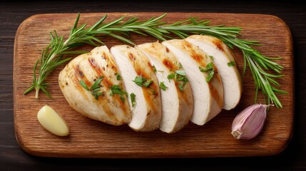 Poster - Sliced grilled chicken breast arranged on wooden board with herbs and garlic cloves, natural tone with space
