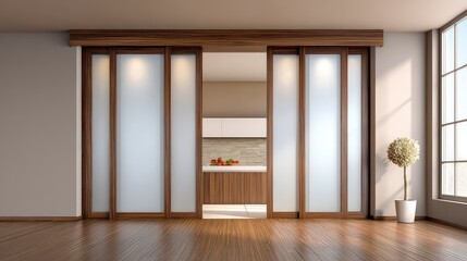 Poster - Sliding cabinet doors made of frosted glass with minimal frames, contemporary home style with open space