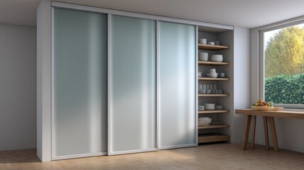 Poster - Sliding cabinet doors made of frosted glass with minimal frames, contemporary home style with open space