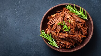 Fototapete - Slow-cooked beef brisket shredded with juices and herbs, rustic food photography with clean space