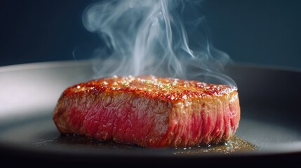 Fototapete - Steak ready to be plated from hot pan, sizzling sound and heat rising in frame, dynamic cooking moment with space