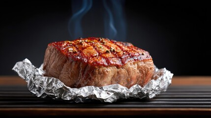 Fototapete - Steak resting with aluminum foil tent beside grill, resting meat concept with background space
