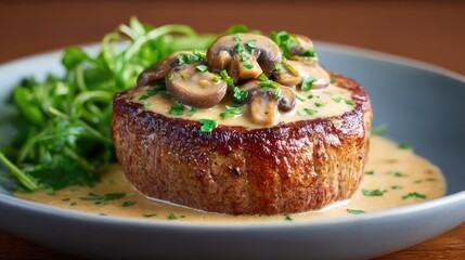 Fototapete - Steak with creamy mushroom sauce served in shallow bowl, close-up culinary image with soft shadows and space