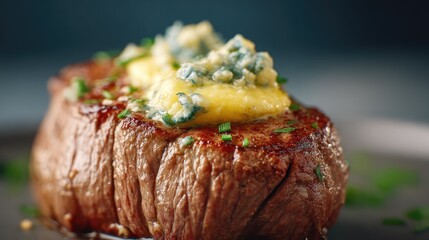 Poster - Steak with crispy outer layer and garlic butter melting on top, gourmet detail close-up with background space