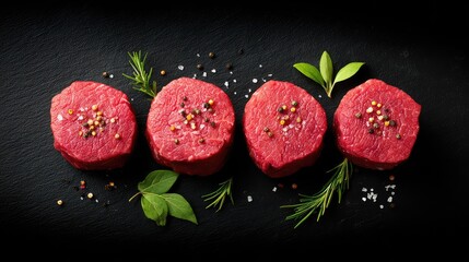 Fototapete - Top view of raw beef steaks seasoned with sea salt, pepper, and fresh herbs on black stone background, open space for design