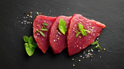 Fototapete - Top view of raw beef steaks seasoned with sea salt, pepper, and fresh herbs on black stone background, open space for design