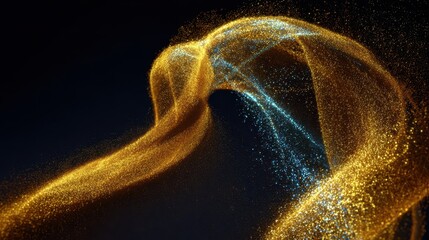 Poster - Abstract design of golden and blue particles swirling in motion.