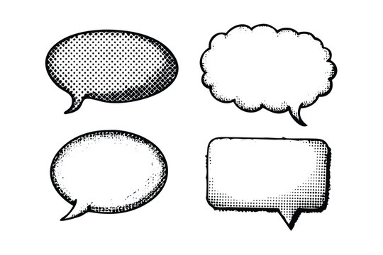 Comic Speech Bubbles Vector Engraving Set. Detailed Monochrome Dialogue Icons with Halftone Texture. Vintage Stipple & Hatching Illustrations