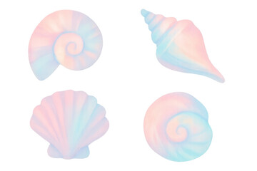 Poster - Four pastel-colored seashells with a soft gradient effect displayed on a transparent background, perfect for creative design projects