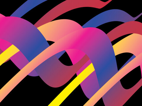 The colorful ribbon interweaving background with bright gradations (pink, purple, blue, yellow, orange) is dynamic and abstract on a black background, creating a modern and futuristic 3D visual effect