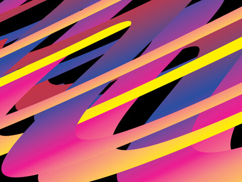 The colorful ribbon interweaving background with bright gradations (pink, purple, blue, yellow, orange) is dynamic and abstract on a black background, creating a modern and futuristic 3D visual effect