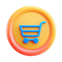 Poster - A vibrant 3d icon representing a modern shopping cart on a bright orange circular background suitable for e-commerce platforms and digital interfaces