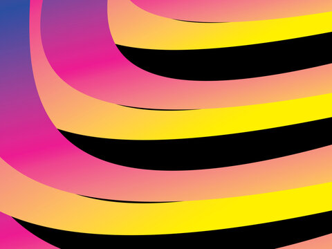 The colorful ribbon interweaving background with bright gradations (pink, purple, blue, yellow, orange) is dynamic and abstract on a black background, creating a modern and futuristic 3D visual effect