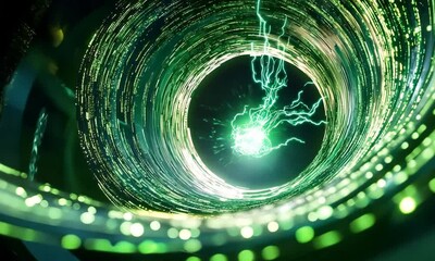 Poster - Energy pulses through a vibrant tunnel in an abstract digital animation at night