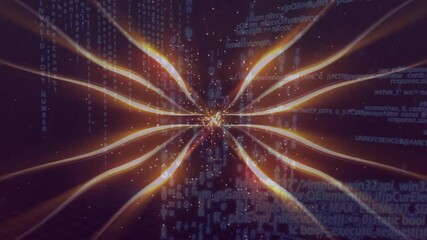 Poster - Glowing hub initiating eight golden beams extending with scrolling code pulsing visualizing energy